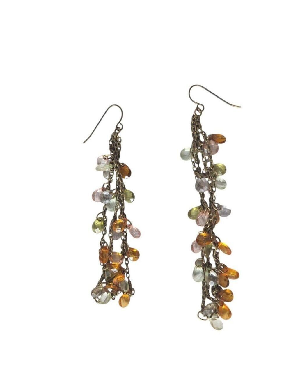 Vintage Brass Chandelier Earrings Multi Color Glass Beaded